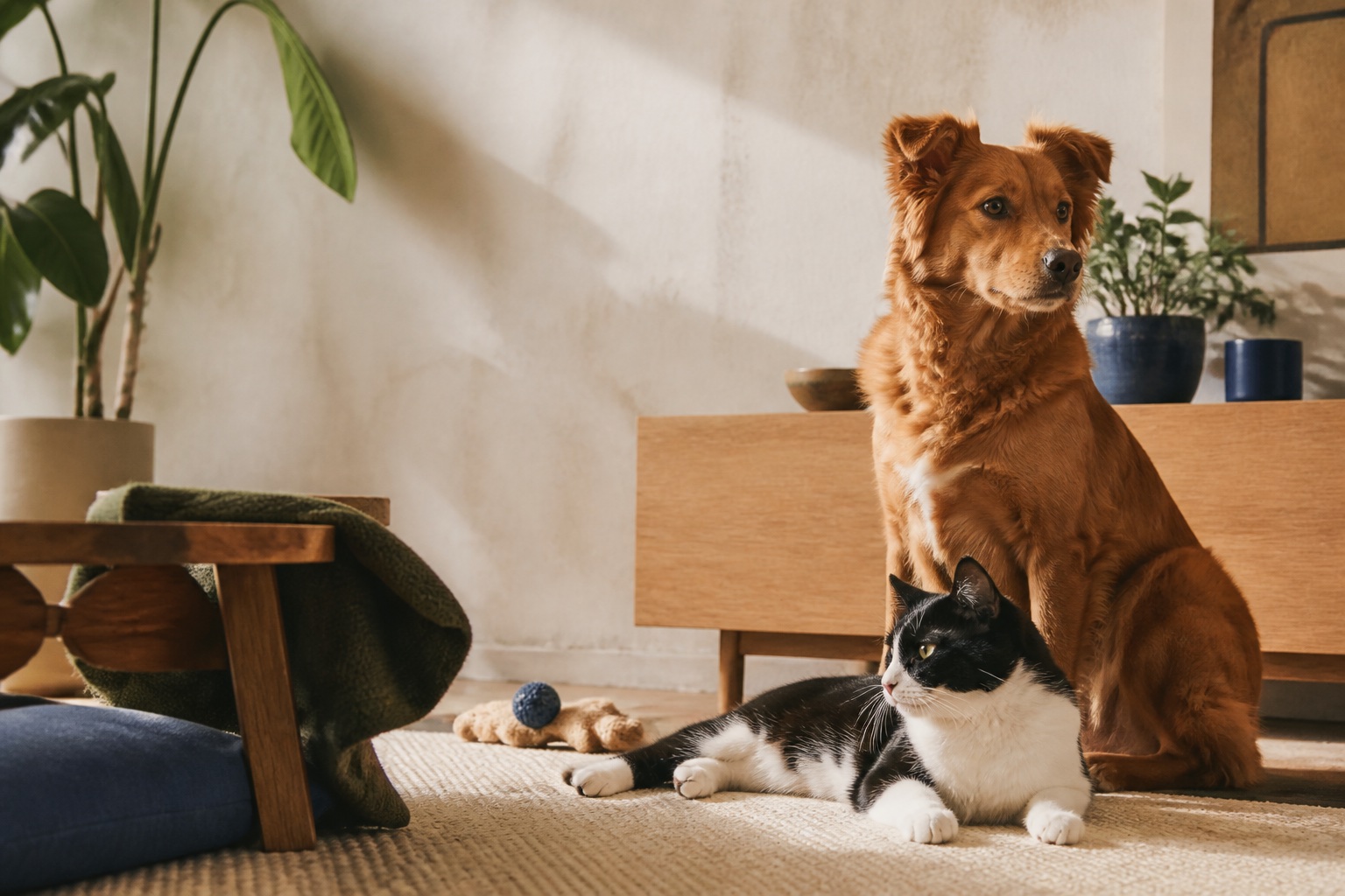 A rust-colored dog and black-and-white cat relaxing together in a warm home